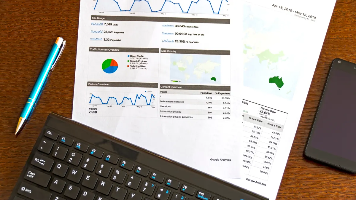 Printed analytics report with charts and metrics on a desk